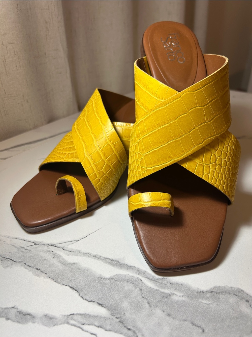 Franco Sarto Yellow Croc-Embossed Slide Sandals with Brown Footbed